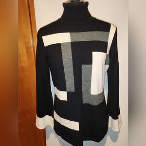 Geometric Black and White Turtleneck Sweater